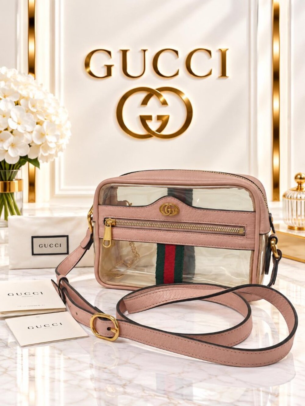 Authentic Gucci Ophidia Clear Leather Mini Crossbody Bag Web Stripe GG Luxury